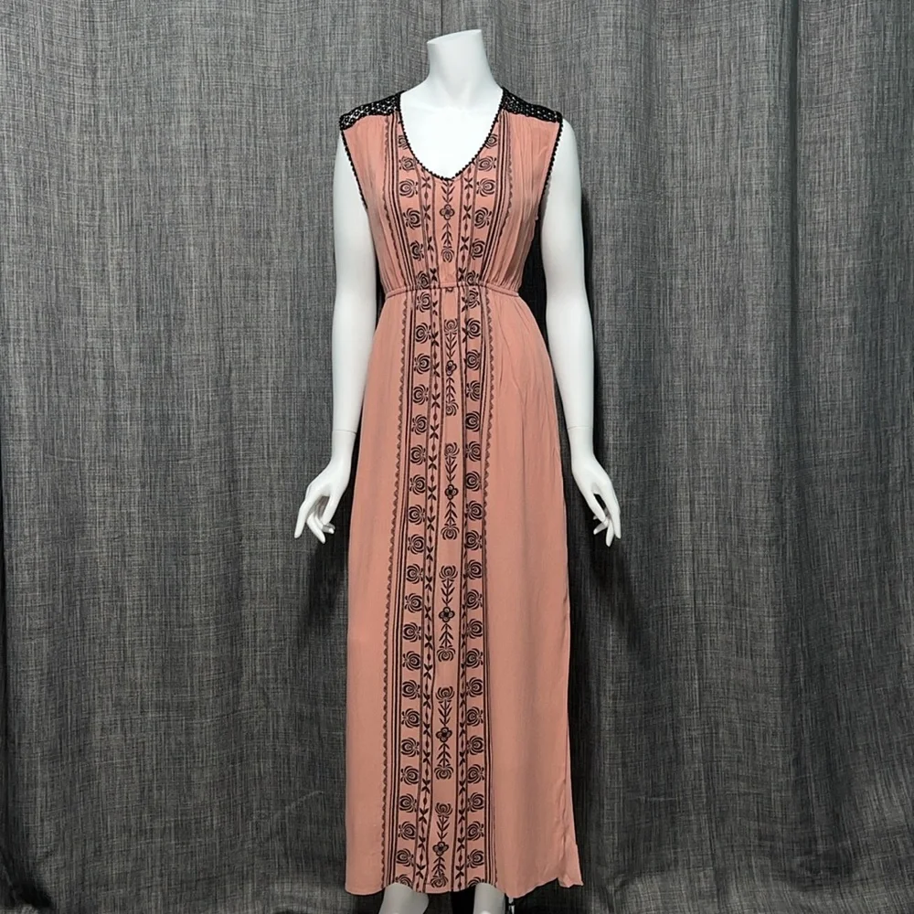 NWT Grayson Boho Pink Black Lace Shoulder Detail Maxi Dress Small - Picture 4 of 14